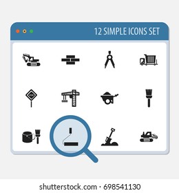 Set Of 12 Editable Building Icons. Includes Symbols Such As Mop, Excavation Machine, Mule And More. Can Be Used For Web, Mobile, UI And Infographic Design.