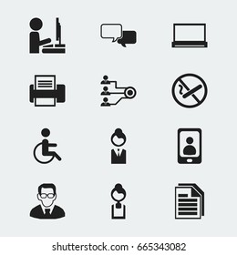 Set Of 12 Editable Bureau Icons. Includes Symbols Such As Telephone, Professor, Job Woman And More. Can Be Used For Web, Mobile, UI And Infographic Design.