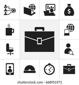 Set Of 12 Editable Bureau Icons. Includes Symbols Such As Telephone, Compact Disk, Portfolio And More. Can Be Used For Web, Mobile, UI And Infographic Design.