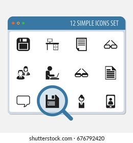 Set Of 12 Editable Bureau Icons. Includes Symbols Such As Office Desk, Floppy Disk, Telephone And More. Can Be Used For Web, Mobile, UI And Infographic Design.