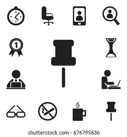 Set Of 12 Editable Bureau Icons. Includes Symbols Such As Work Seat, Telephone, Pushpin And More. Can Be Used For Web, Mobile, UI And Infographic Design.