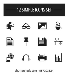 Set Of 12 Editable Bureau Icons. Includes Symbols Such As Marker, Line Chart, Person Working On Computer And More. Can Be Used For Web, Mobile, UI And Infographic Design.