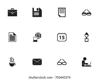 Set Of 12 Editable Bureau Icons. Includes Symbols Such As Date Block, Businesswoman, Floppy And More. Can Be Used For Web, Mobile, UI And Infographic Design.