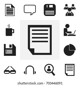 Set Of 12 Editable Bureau Icons. Includes Symbols Such As Diskette, Worker In Laptop, Earphone And More. Can Be Used For Web, Mobile, UI And Infographic Design.