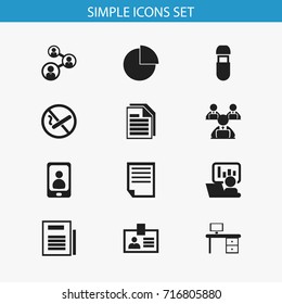 Set Of 12 Editable Bureau Icons. Includes Symbols Such As Office Desk, Page, Authentication And More. Can Be Used For Web, Mobile, UI And Infographic Design.