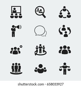 Set Of 12 Editable Business Icons. Includes Symbols Such As Conversation, Command, Finding Solution. Can Be Used For Web, Mobile, UI And Infographic Design.