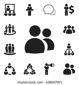 Set Of 12 Editable Business Icons. Includes Symbols Such As Command, Speaker, Cooperation. Can Be Used For Web, Mobile, UI And Infographic Design.