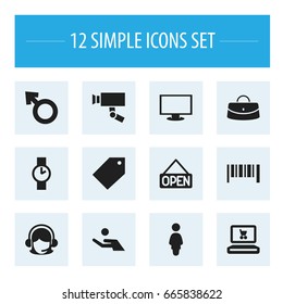 Set Of 12 Editable Business Icons. Includes Symbols Such As Tag, Monitor and More. Can Be Used For Web, Mobile, UI And Infographic Design.