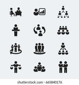 Set Of 12 Editable Business Icons. Includes Symbols Such As Speaker, Meeting, Command. Can Be Used For Web, Mobile, UI And Infographic Design.