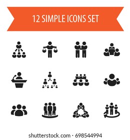 Set Of 12 Editable Business Icons. Includes Symbols Such As Talking Man, Teamwork, Command. Can Be Used For Web, Mobile, UI And Infographic Design.