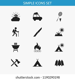 Set of 12 editable camping icons. Includes symbols such as caravan, blade, kebab and more. Can be used for web, mobile, UI and infographic design.