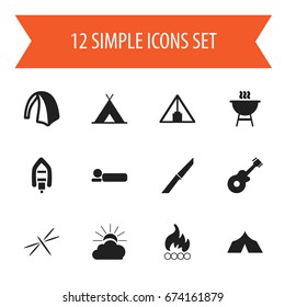 Set Of 12 Editable Camping Icons. Includes Symbols Such As Bedroll, Pyramid, Refuge And More. Can Be Used For Web, Mobile, UI And Infographic Design.