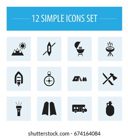 Set Of 12 Editable Camping Icons. Includes Symbols Such As Barbecue, Pitcher, Diver Shoes And More. Can Be Used For Web, Mobile, UI And Infographic Design.
