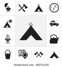 Set Of 12 Editable Camping Icons. Includes Symbols Such As Tabernacle, Voyage Car, Kebab And More. Can Be Used For Web, Mobile, UI And Infographic Design.