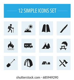 Set Of 12 Editable Camping Icons. Includes Symbols Such As Diver Shoes, Bench, Knife And More. Can Be Used For Web, Mobile, UI And Infographic Design.