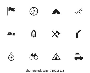 Set Of 12 Editable Camping Icons. Includes Symbols Such As Trailer, Forest, Tepee And More. Can Be Used For Web, Mobile, UI And Infographic Design.