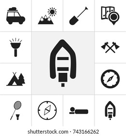 Set Of 12 Editable Camping Icons. Includes Symbols Such As Position, Trailer, Flashlight And More. Can Be Used For Web, Mobile, UI And Infographic Design.