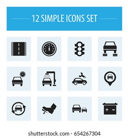 Set Of 12 Editable Car Icons. Includes Symbols Such As Automotive Fix, Speed Control, Stoplight And More. Can Be Used For Web, Mobile, UI And Infographic Design.