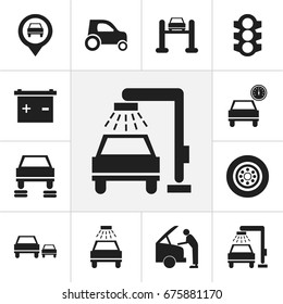 Set Of 12 Editable Car Icons. Includes Symbols Such As Transport Clean, Accumulator, Automobile And More. Can Be Used For Web, Mobile, UI And Infographic Design.