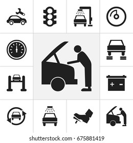 Set Of 12 Editable Car Icons. Includes Symbols Such As Odometer, Service, Treadle And More. Can Be Used For Web, Mobile, UI And Infographic Design.