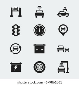 Set Of 12 Editable Car Icons. Includes Symbols Such As Stoplight, Tire, Accumulator And More. Can Be Used For Web, Mobile, UI And Infographic Design.