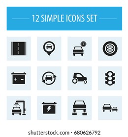 Set Of 12 Editable Car Icons. Includes Symbols Such As Battery, Race, Vehicle Wash And More. Can Be Used For Web, Mobile, UI And Infographic Design.