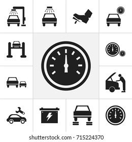 Set Of 12 Editable Car Icons. Includes Symbols Such As Vehicle Wash, Battery, Race And More. Can Be Used For Web, Mobile, UI And Infographic Design.