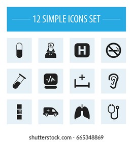 Set Of 12 Editable Care Icons. Includes Symbols Such As Test Tube, Pulse, Doctor Tool And More. Can Be Used For Web, Mobile, UI And Infographic Design.