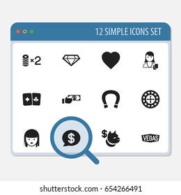 Set Of 12 Editable Casino Icons. Includes Symbols Such As Luck Charm, Bucks, Diamond And More. Can Be Used For Web, Mobile, UI And Infographic Design.