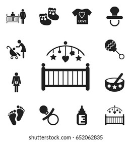Set Of 12 Editable Child Icons. Includes Symbols Such As Footmark, Comforter, Shoes For Babies And More. Can Be Used For Web, Mobile, UI And Infographic Design.