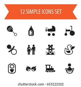 Set Of 12 Editable Child Icons. Includes Symbols Such As Plush Animal, Bath Toys, Nipple And More. Can Be Used For Web, Mobile, UI And Infographic Design.