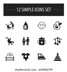 Set Of 12 Editable Child Icons. Includes Symbols Such As Pram, Merry Children, Bath Toys And More. Can Be Used For Web, Mobile, UI And Infographic Design.