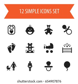 Set Of 12 Editable Child Icons. Includes Symbols Such As Pacifier, Carriage, Perambulator And More. Can Be Used For Web, Mobile, UI And Infographic Design.