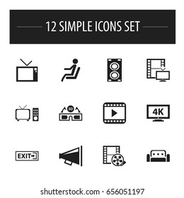 Set Of 12 Editable Cinema Icons. Includes Symbols Such As Camera Tape, Megaphone, Monitor With Processor And More. Can Be Used For Web, Mobile, UI And Infographic Design.