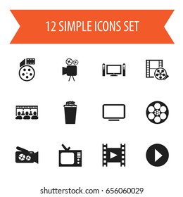 Set Of 12 Editable Cinema Icons. Includes Symbols Such As Camera Tape, Camera Strip, Reel And More. Can Be Used For Web, Mobile, UI And Infographic Design.
