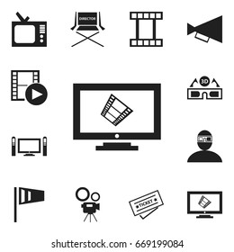 Set Of 12 Editable Cinema Icons. Includes Symbols Such As Spectator, Filmstrip, Movie Camera And More. Can Be Used For Web, Mobile, UI And Infographic Design.