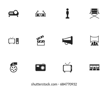 Set Of 12 Editable Cinema Icons. Includes Symbols Such As Oscar, Show, Shooting Seat And More. Can Be Used For Web, Mobile, UI And Infographic Design.