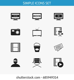 Set Of 12 Editable Cinema Icons. Includes Symbols Such As Record, Hd Television, Spectator And More. Can Be Used For Web, Mobile, UI And Infographic Design.