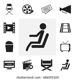 Set Of 12 Editable Cinema Icons. Includes Symbols Such As Chair, Ticket, Camera Strip And More. Can Be Used For Web, Mobile, UI And Infographic Design.