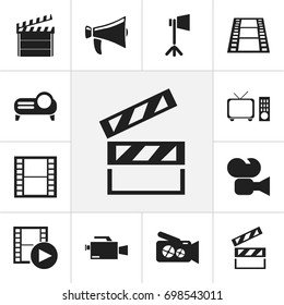 Set Of 12 Editable Cinema Icons. Includes Symbols Such As Camera Strip, Presentation, Video Camera And More. Can Be Used For Web, Mobile, UI And Infographic Design.