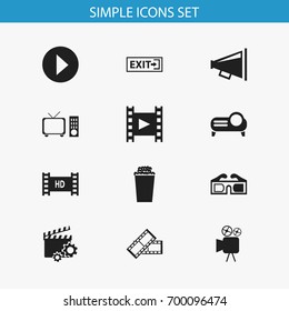 Set Of 12 Editable Cinema Icons. Includes Symbols Such As Movie Reel, Clapperboard, Loudspeaker And More. Can Be Used For Web, Mobile, UI And Infographic Design.
