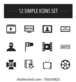 Set Of 12 Editable Cinema Icons. Includes Symbols Such As Movie Player, Reel, Outlet And More. Can Be Used For Web, Mobile, UI And Infographic Design.
