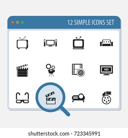 Set Of 12 Editable Cinema Icons. Includes Symbols Such As Tv, Movie Camera, Film Spectacles And More. Can Be Used For Web, Mobile, UI And Infographic Design.