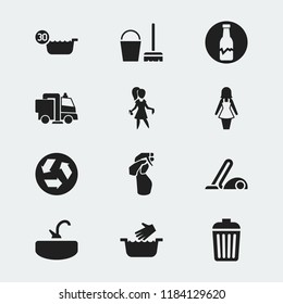 Set of 12 editable cleaning icons. Includes symbols such as broken bottle, hand wash, garbage recycling. Can be used for web, mobile, UI and infographic design.