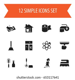 Set Of 12 Editable Cleaning Icons. Includes Symbols Such As Toilet Paper, Bucket With Mop, Towel And More. Can Be Used For Web, Mobile, UI And Infographic Design.