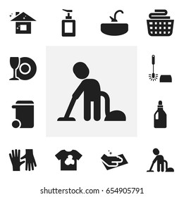 Set Of 12 Editable Cleaning Icons. Includes Symbols Such As Wc Cleaning, Towel, Servant And More. Can Be Used For Web, Mobile, UI And Infographic Design.