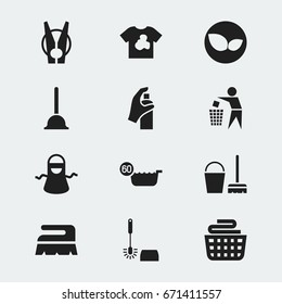 Set Of 12 Editable Cleaning Icons. Includes Symbols Such As Kitchen Clothing, Clean Clothings, Sweep And More. Can Be Used For Web, Mobile, UI And Infographic Design.