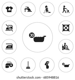 Set Of 12 Editable Cleaning Icons. Includes Symbols Such As No Laundry, Cold Water, Smoothing And More. Can Be Used For Web, Mobile, UI And Infographic Design.