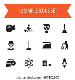 Set Of 12 Editable Cleaning Icons. Includes Symbols Such As Rubbish Container, Rubber Drain, Respirator And More. Can Be Used For Web, Mobile, UI And Infographic Design.