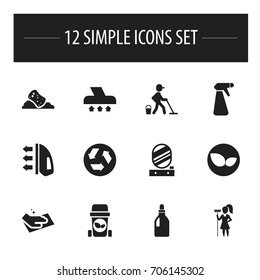 Set Of 12 Editable Cleaning Icons. Includes Symbols Such As Exhauster, Ecology, Wall Mirror And More. Can Be Used For Web, Mobile, UI And Infographic Design.